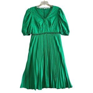 ASOS Broderie Pleated Midi Tea Dress Puff Sleeve Emerald Green Size 12